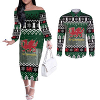 Caernarfonshire Wales Christmas Couples Matching Off The Shoulder Long Sleeve Dress and Long Sleeve Button Shirt Caernarfon Castle Red Dragon - Wonder Print Shop