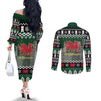 Caernarfonshire Wales Christmas Couples Matching Off The Shoulder Long Sleeve Dress and Long Sleeve Button Shirt Caernarfon Castle Red Dragon - Wonder Print Shop