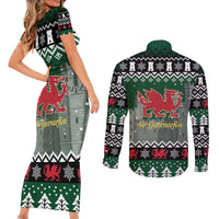 Caernarfonshire Wales Christmas Couples Matching Short Sleeve Bodycon Dress and Long Sleeve Button Shirt Caernarfon Castle Red Dragon - Wonder Print Shop