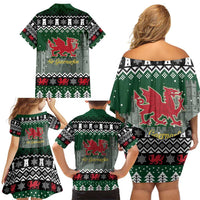 Caernarfonshire Wales Christmas Family Matching Off Shoulder Short Dress and Hawaiian Shirt Caernarfon Castle Red Dragon - Wonder Print Shop