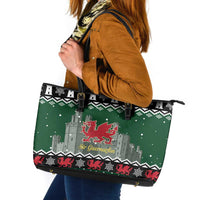 Caernarfonshire Wales Christmas Leather Tote Bag Caernarfon Castle Red Dragon - Wonder Print Shop