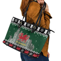 Caernarfonshire Wales Christmas Leather Tote Bag Caernarfon Castle Red Dragon - Wonder Print Shop
