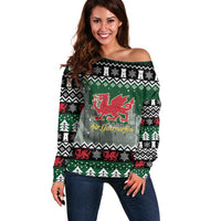 Caernarfonshire Wales Christmas Off Shoulder Sweater Caernarfon Castle Red Dragon - Wonder Print Shop