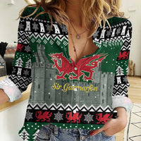 Caernarfonshire Wales Christmas Women Casual Shirt Caernarfon Castle Red Dragon - Wonder Print Shop