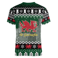 Caernarfonshire Wales Christmas Women V-Neck T-Shirt Caernarfon Castle Red Dragon - Wonder Print Shop