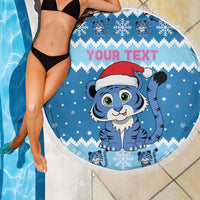Personalized Blue Tiger Christmas Beach Blanket Kawaii Derpy Tiger Santa Mode - Wonder Print Shop