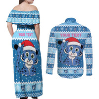 Personalized Blue Tiger Christmas Couples Matching Off Shoulder Maxi Dress and Long Sleeve Button Shirt Kawaii Derpy Tiger Santa Mode - Wonder Print Shop