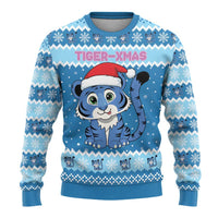 Personalized Blue Tiger Christmas Ugly Christmas Sweater Kawaii Derpy Tiger Santa Mode - Wonder Print Shop
