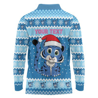 Personalized Blue Tiger Christmas Long Sleeve Polo Shirt Kawaii Derpy Tiger Santa Mode - Wonder Print Shop
