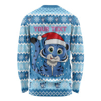 Personalized Blue Tiger Christmas Long Sleeve Shirt Kawaii Derpy Tiger Santa Mode - Wonder Print Shop
