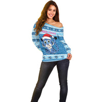 Personalized Blue Tiger Christmas Off Shoulder Sweater Kawaii Derpy Tiger Santa Mode - Wonder Print Shop