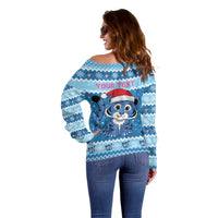 Personalized Blue Tiger Christmas Off Shoulder Sweater Kawaii Derpy Tiger Santa Mode - Wonder Print Shop