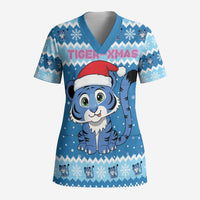 Personalized Blue Tiger Christmas Scrub Top Kawaii Derpy Tiger Santa Mode - Wonder Print Shop
