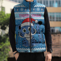 Personalized Blue Tiger Christmas Sleeveless Puffer Jacket Kawaii Derpy Tiger Santa Mode - Wonder Print Shop