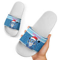 Personalized Blue Tiger Christmas Slide Sandals Kawaii Derpy Tiger Santa Mode - Wonder Print Shop