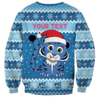 Personalized Blue Tiger Christmas Sweatshirt Kawaii Derpy Tiger Santa Mode - Wonder Print Shop