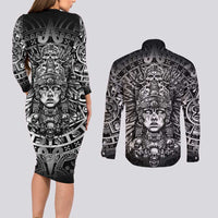 Mexico Aztec Warrior Goddess Couples Matching Long Sleeve Bodycon Dress and Long Sleeve Button Shirt Aztec Skull Tribal Calender Silver Spirit - Wonder Print Shop