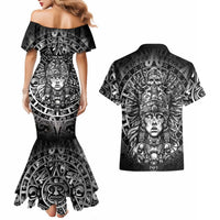 Mexico Aztec Warrior Goddess Couples Matching Mermaid Dress and Hawaiian Shirt Aztec Skull Tribal Calender Silver Spirit - Wonder Print Shop