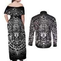 Mexico Aztec Warrior Goddess Couples Matching Off Shoulder Maxi Dress and Long Sleeve Button Shirt Aztec Skull Tribal Calender Silver Spirit - Wonder Print Shop