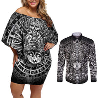 Mexico Aztec Warrior Goddess Couples Matching Off Shoulder Short Dress and Long Sleeve Button Shirt Aztec Skull Tribal Calender Silver Spirit - Wonder Print Shop