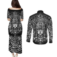 Mexico Aztec Warrior Goddess Couples Matching Puletasi and Long Sleeve Button Shirt Aztec Skull Tribal Calender Silver Spirit - Wonder Print Shop