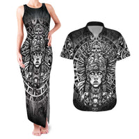 Mexico Aztec Warrior Goddess Couples Matching Tank Maxi Dress and Hawaiian Shirt Aztec Skull Tribal Calender Silver Spirit - Wonder Print Shop