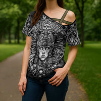 Mexico Aztec Warrior Goddess Cross Shoulder Shirt Aztec Skull Tribal Calender Silver Spirit - Wonder Print Shop