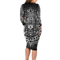 Mexico Aztec Warrior Goddess Long Sleeve Bodycon Dress Aztec Skull Tribal Calender Silver Spirit - Wonder Print Shop