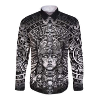 Mexico Aztec Warrior Goddess Long Sleeve Button Shirt Aztec Skull Tribal Calender Silver Spirit - Wonder Print Shop