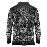 Mexico Aztec Warrior Goddess Long Sleeve Polo Shirt Aztec Skull Tribal Calender Silver Spirit - Wonder Print Shop