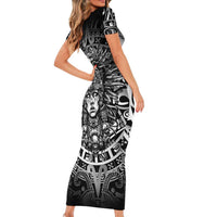Mexico Aztec Warrior Goddess Short Sleeve Bodycon Dress Aztec Skull Tribal Calender Silver Spirit - Wonder Print Shop