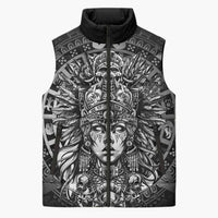 Mexico Aztec Warrior Goddess Sleeveless Puffer Jacket Aztec Skull Tribal Calender Silver Spirit - Wonder Print Shop