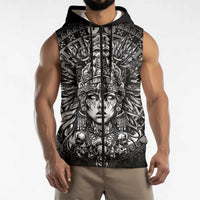 Mexico Aztec Warrior Goddess Sleeveless Zip Hoodie Aztec Skull Tribal Calender Silver Spirit - Wonder Print Shop