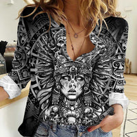 Mexico Aztec Warrior Goddess Women Casual Shirt Aztec Skull Tribal Calender Silver Spirit - Wonder Print Shop