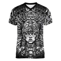 Mexico Aztec Warrior Goddess Women V-Neck T-Shirt Aztec Skull Tribal Calender Silver Spirit - Wonder Print Shop