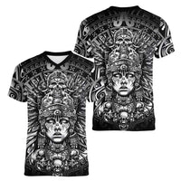 Mexico Aztec Warrior Goddess Women V-Neck T-Shirt Aztec Skull Tribal Calender Silver Spirit - Wonder Print Shop