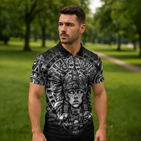Mexico Aztec Warrior Goddess Zipper Polo Shirt Aztec Skull Tribal Calender Silver Spirit - Wonder Print Shop