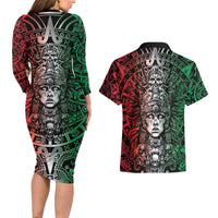 Mexico Aztec Warrior Goddess Couples Matching Long Sleeve Bodycon Dress and Hawaiian Shirt Aztec Skull Tribal Calender Tricolor Spirit - Wonder Print Shop