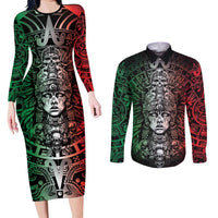 Mexico Aztec Warrior Goddess Couples Matching Long Sleeve Bodycon Dress and Long Sleeve Button Shirt Aztec Skull Tribal Calender Tricolor Spirit - Wonder Print Shop