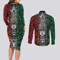 Mexico Aztec Warrior Goddess Couples Matching Long Sleeve Bodycon Dress and Long Sleeve Button Shirt Aztec Skull Tribal Calender Tricolor Spirit - Wonder Print Shop