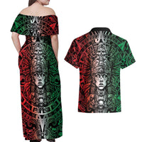 Mexico Aztec Warrior Goddess Couples Matching Off Shoulder Maxi Dress and Hawaiian Shirt Aztec Skull Tribal Calender Tricolor Spirit - Wonder Print Shop