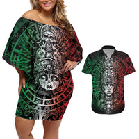 Mexico Aztec Warrior Goddess Couples Matching Off Shoulder Short Dress and Hawaiian Shirt Aztec Skull Tribal Calender Tricolor Spirit - Wonder Print Shop