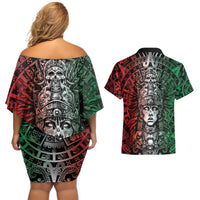 Mexico Aztec Warrior Goddess Couples Matching Off Shoulder Short Dress and Hawaiian Shirt Aztec Skull Tribal Calender Tricolor Spirit - Wonder Print Shop