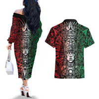 Mexico Aztec Warrior Goddess Couples Matching Off The Shoulder Long Sleeve Dress and Hawaiian Shirt Aztec Skull Tribal Calender Tricolor Spirit - Wonder Print Shop