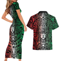 Mexico Aztec Warrior Goddess Couples Matching Short Sleeve Bodycon Dress and Hawaiian Shirt Aztec Skull Tribal Calender Tricolor Spirit - Wonder Print Shop