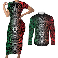 Mexico Aztec Warrior Goddess Couples Matching Short Sleeve Bodycon Dress and Long Sleeve Button Shirt Aztec Skull Tribal Calender Tricolor Spirit - Wonder Print Shop