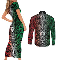 Mexico Aztec Warrior Goddess Couples Matching Short Sleeve Bodycon Dress and Long Sleeve Button Shirt Aztec Skull Tribal Calender Tricolor Spirit - Wonder Print Shop