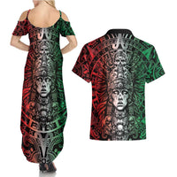 Mexico Aztec Warrior Goddess Couples Matching Summer Maxi Dress and Hawaiian Shirt Aztec Skull Tribal Calender Tricolor Spirit - Wonder Print Shop