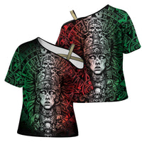 Mexico Aztec Warrior Goddess Cross Shoulder Shirt Aztec Skull Tribal Calender Tricolor Spirit - Wonder Print Shop