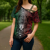 Mexico Aztec Warrior Goddess Cross Shoulder Shirt Aztec Skull Tribal Calender Tricolor Spirit - Wonder Print Shop